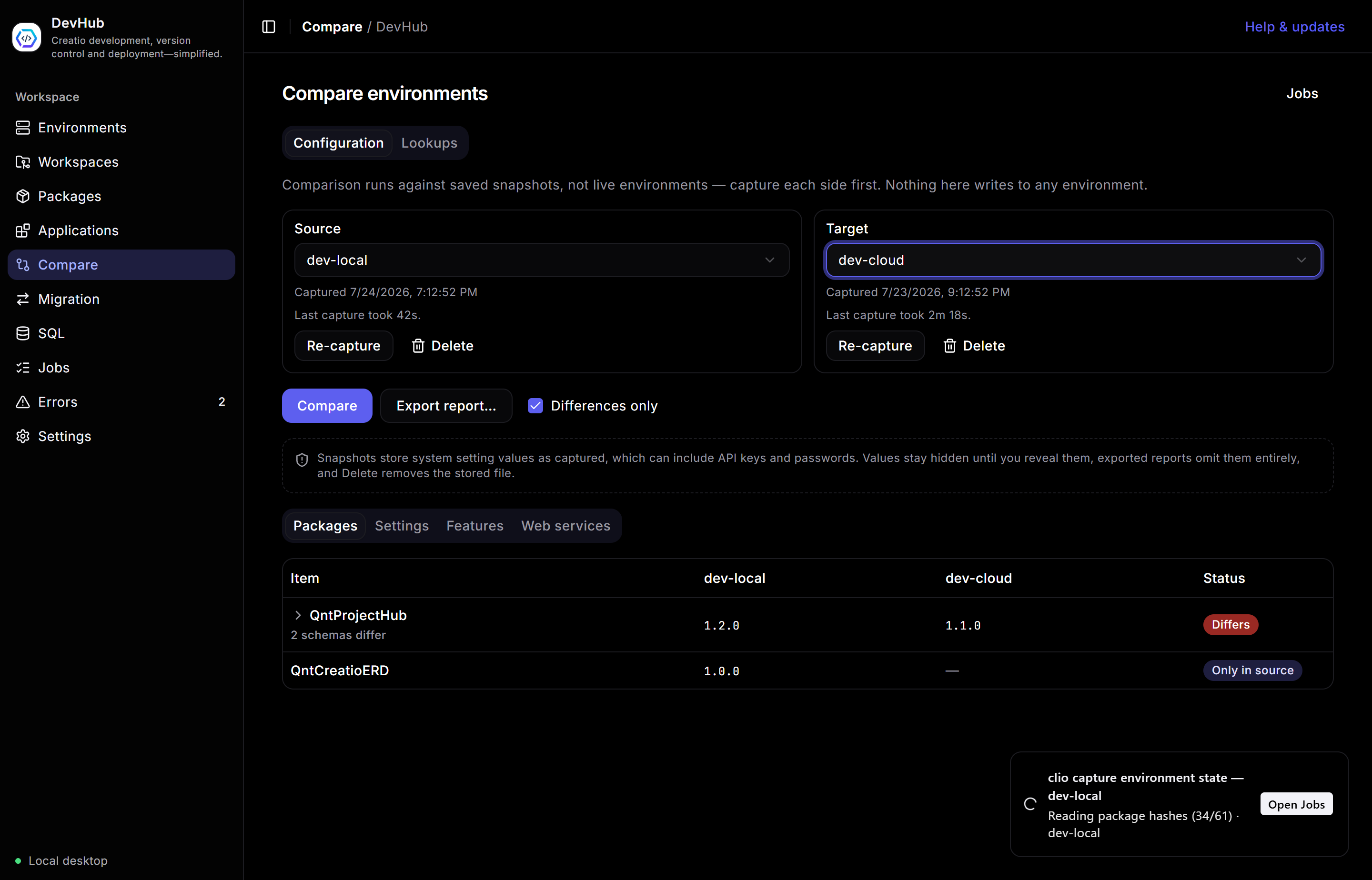 Compare results with category tabs and diff table