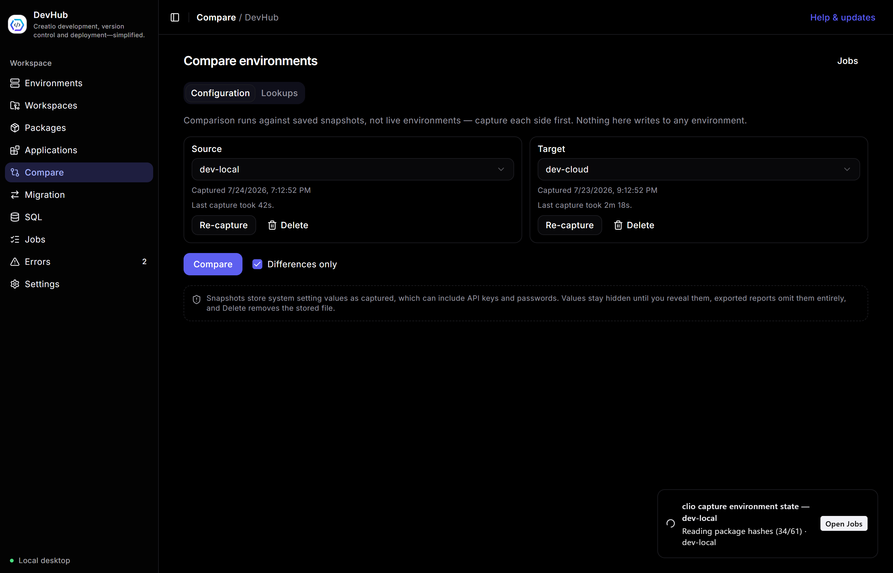Compare setup with source and target snapshots