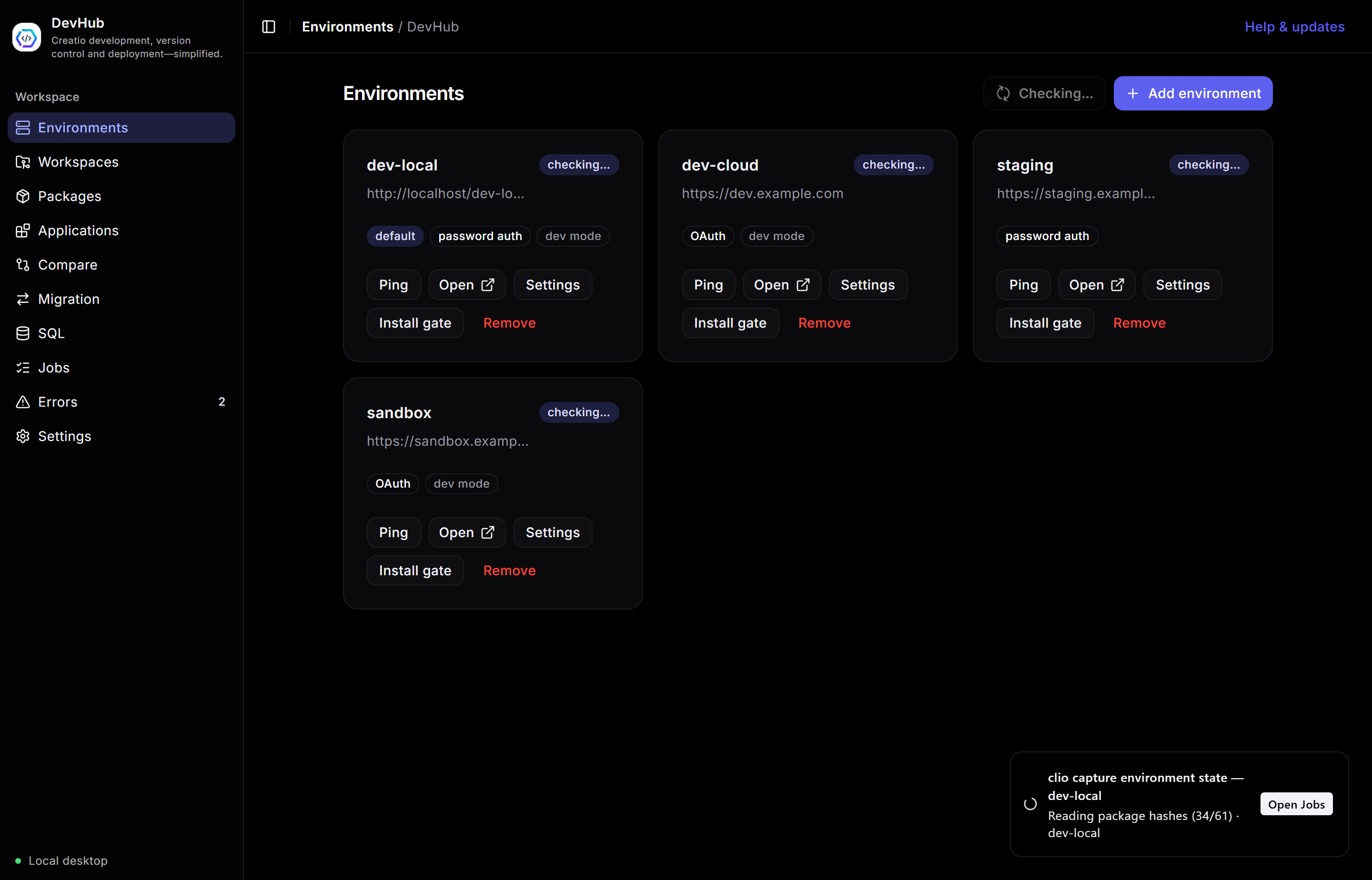DevHub window showing the sidebar, header, environment cards and the running-job toaster