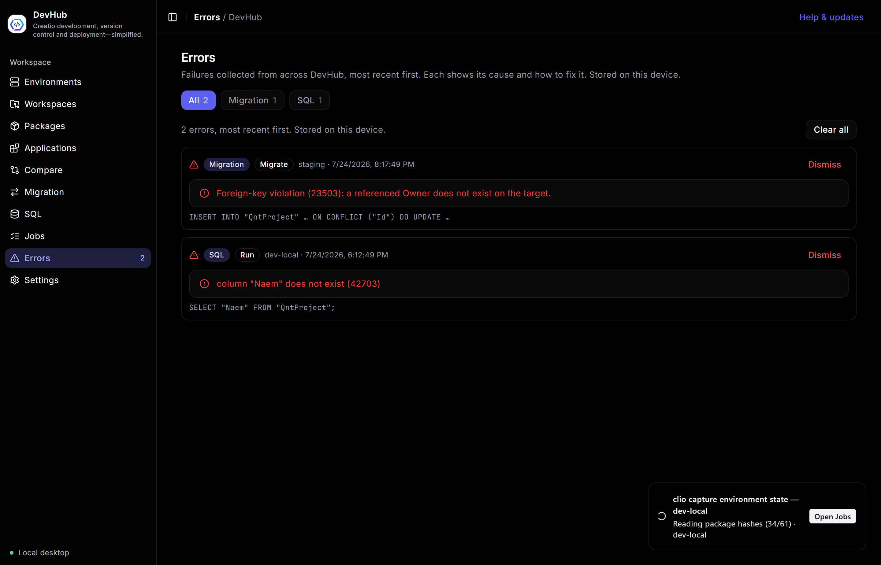 Errors screen with categorized failures