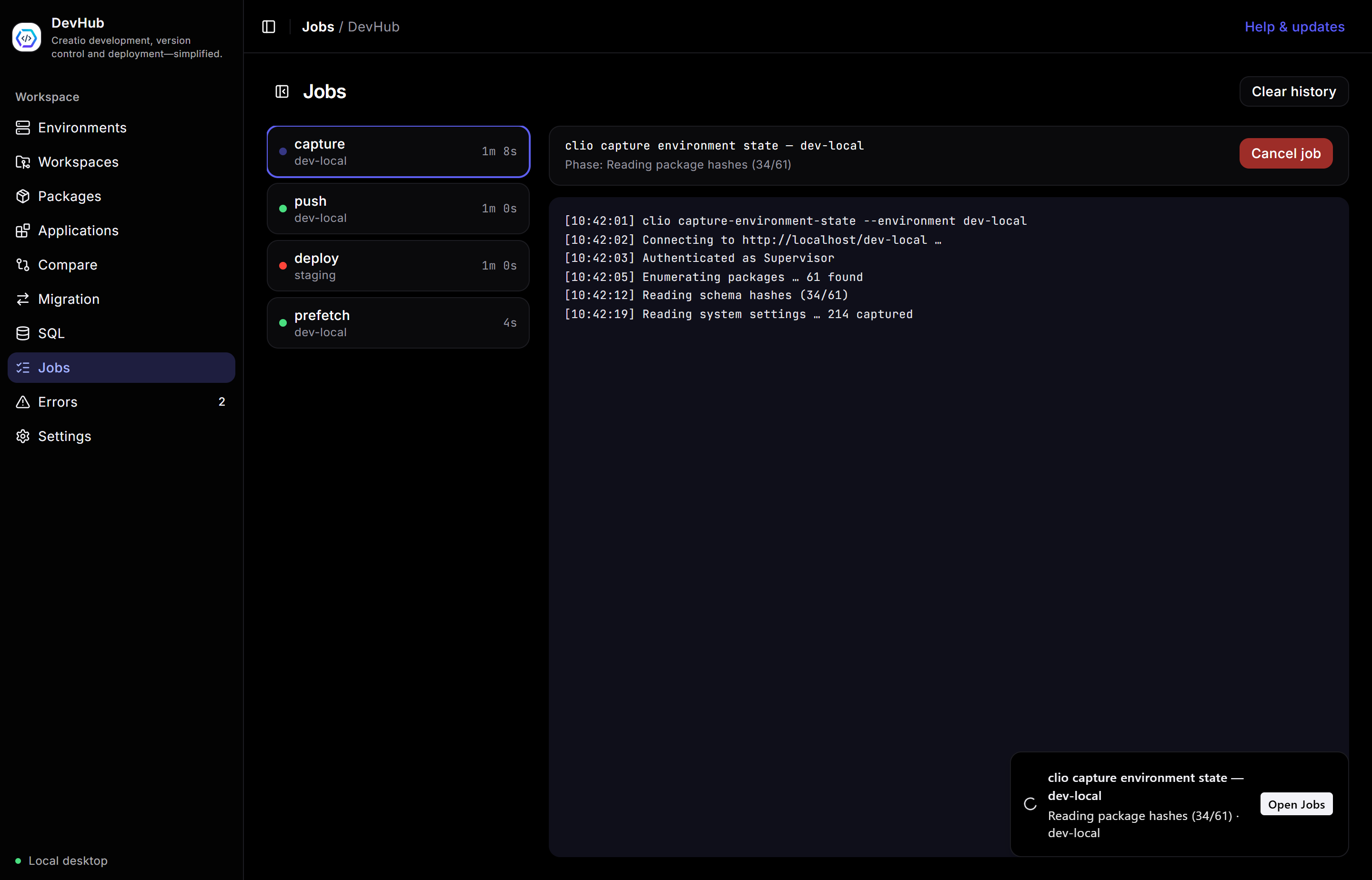 Jobs screen with a running job and its log