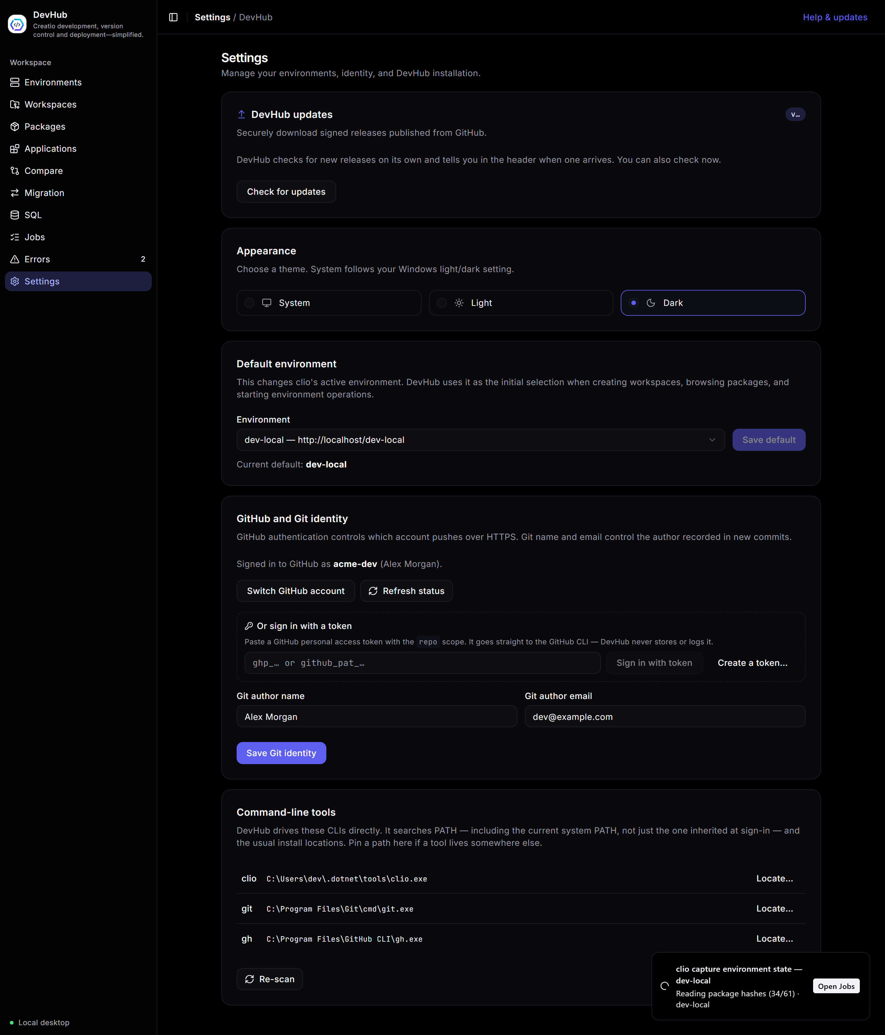 Settings screen: updates, appearance, default environment, identity, tools